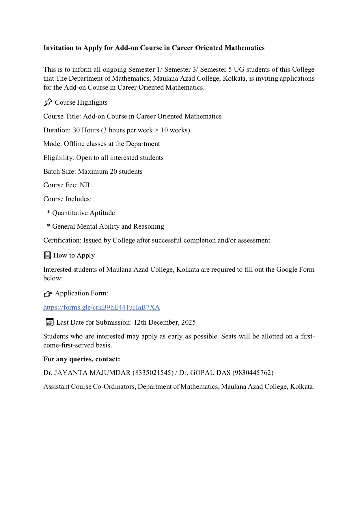 Invitation to Apply for Add-on Course in Career Oriented Mathematics